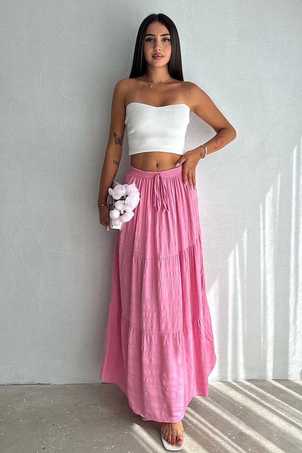 Kadın Pembe Beli Lastikli Yırtmaçlı Uzun Etek - 7