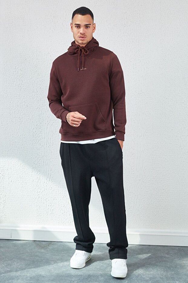 Kapüşonlu Basic Minimal Baskılı Sweat Kahve| Ee100227697-7697 - 3