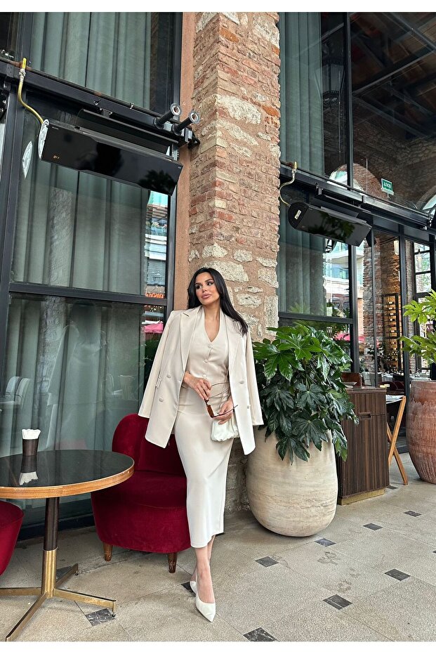 Women's Jacket Vest Skirt Set 3 Piece European Fit Stone