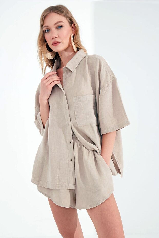 Taş Gömlek Şort 2,li Oversize Takım-9596 - 1