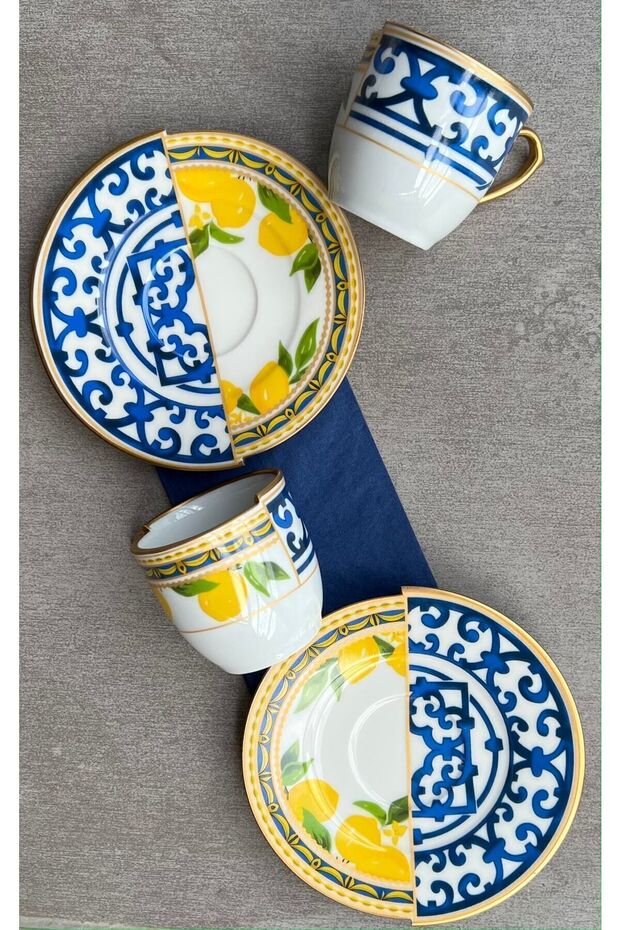 Kütahya Iki Patterned, Double Pattern Lemone Series 2-Person Coffee Cup Set, Lemon Patterned