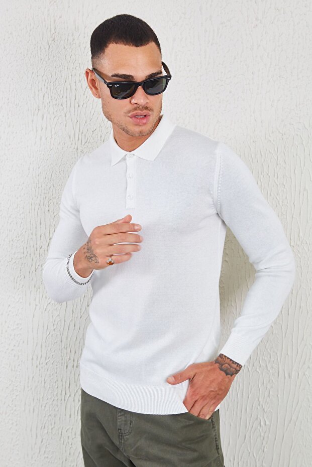 Buttoned Polo Neck Basic Knitwear Ecru |   Ee 100517377 - 6