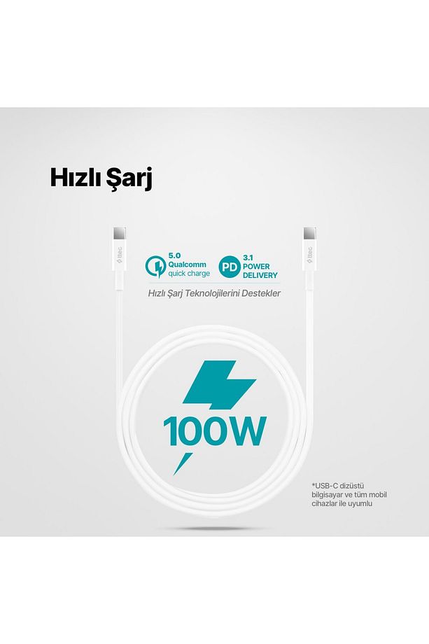 USB-C - USB-C 150cm Uyumlu 100w PD/QC Hızlı Şarj/Data Kablosu Beyaz - 2