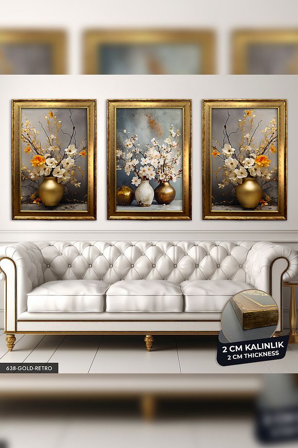 Vazoda Çiçekler 3 Parça Gold Retro Çerçeveli Tablo Cvplk - 3