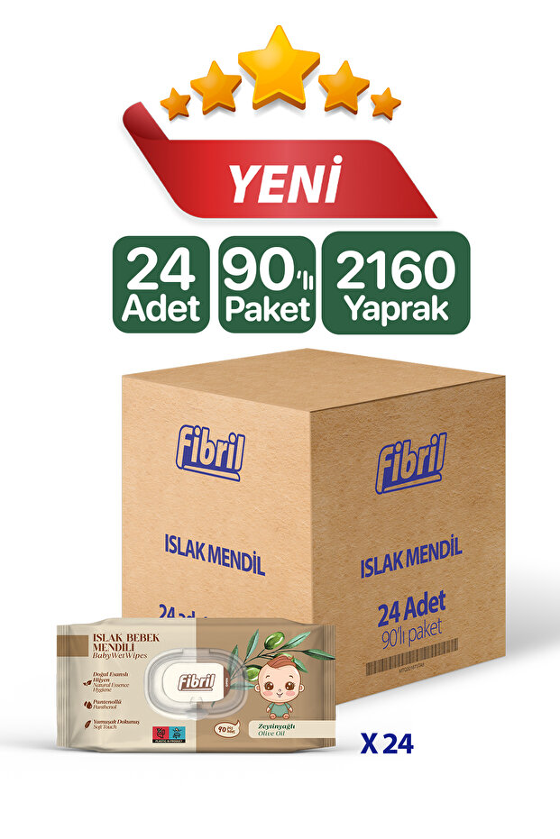 Fibril Zeytinyağlı Islak Bebek Mendili 24x90 Lı Paket 2160 Yaprak Doğal Esans , Geri Dönüştürülebilir Kumaş