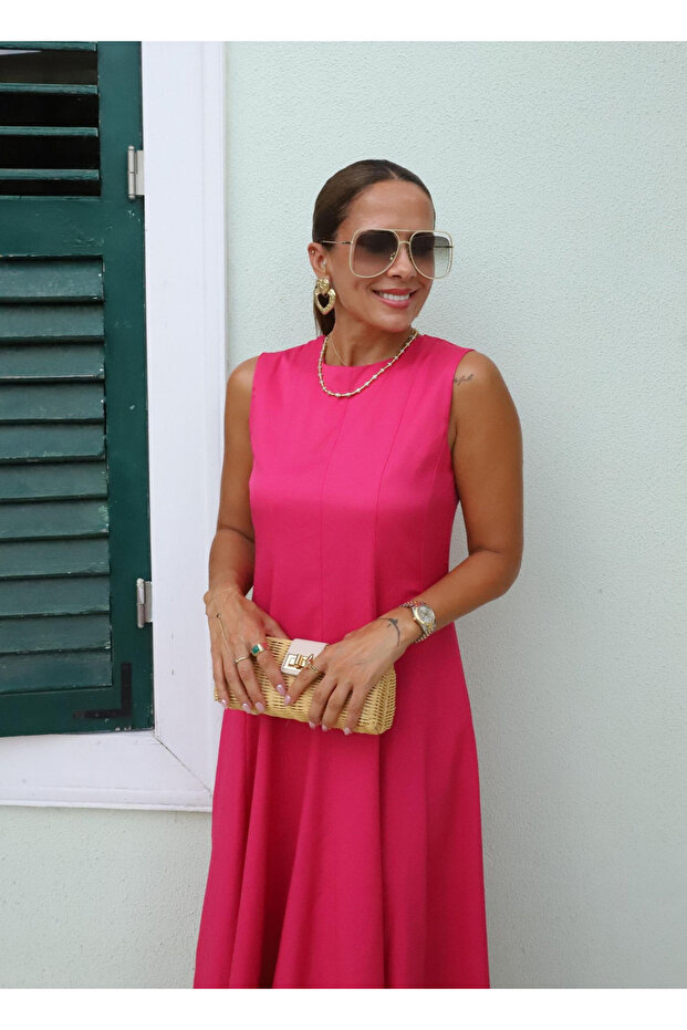 Fukszia hosszú ruha - ujjatlan és csengős modell - 4