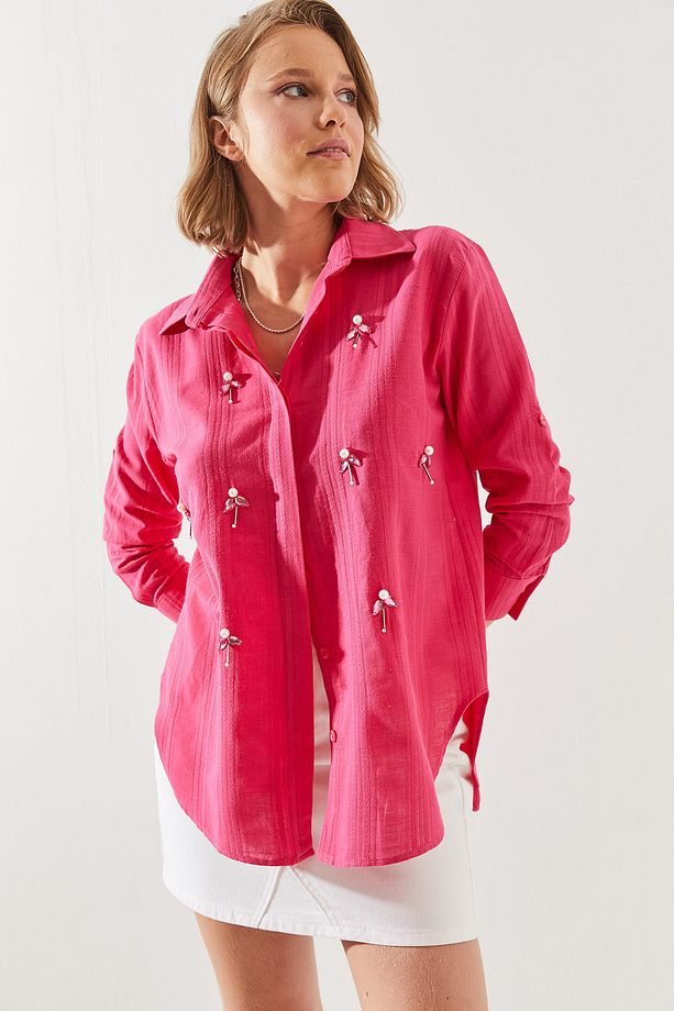 Kadın Taş İnci İşlemeli Oversize Gömlek 5916 60251475 - 3