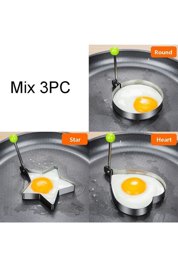Set of 3 Metal Baking Molds - for Omelet Eggs and Pancakes, Heart-Circle-Star Patterns