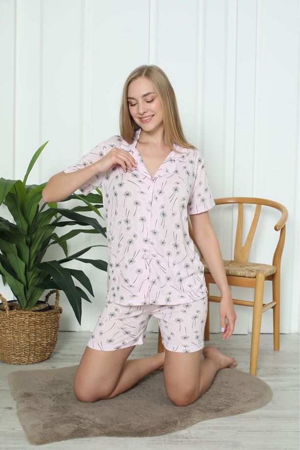 Pamuklu Desenli Kadın Kısa Kollu Şortlu Kol Pijama Takımı - 3