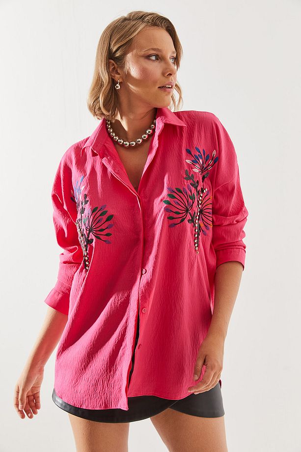 Kadın Taş Yaprak İşlemeli Oversize Gömlek 5929 60251482 - 7