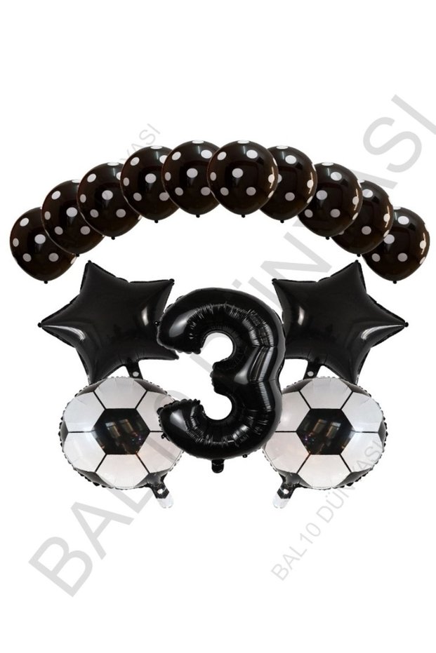 Bal10 Black Number Soccer Ball Star Foil and Dotted Balloon Set Age 3
