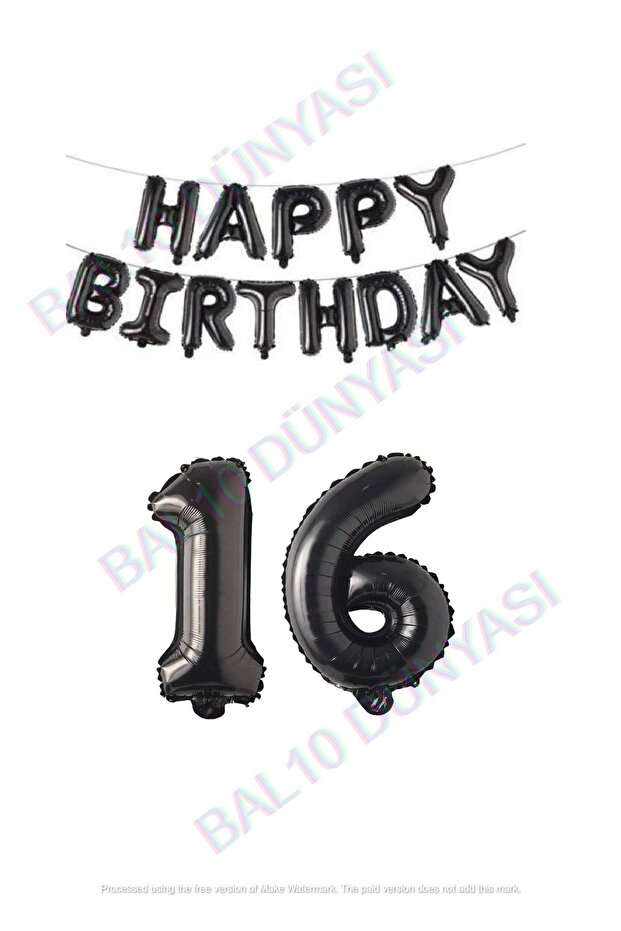 Bal10 Happy Birthday Black Color Foil Balloon and Number Set Age 16