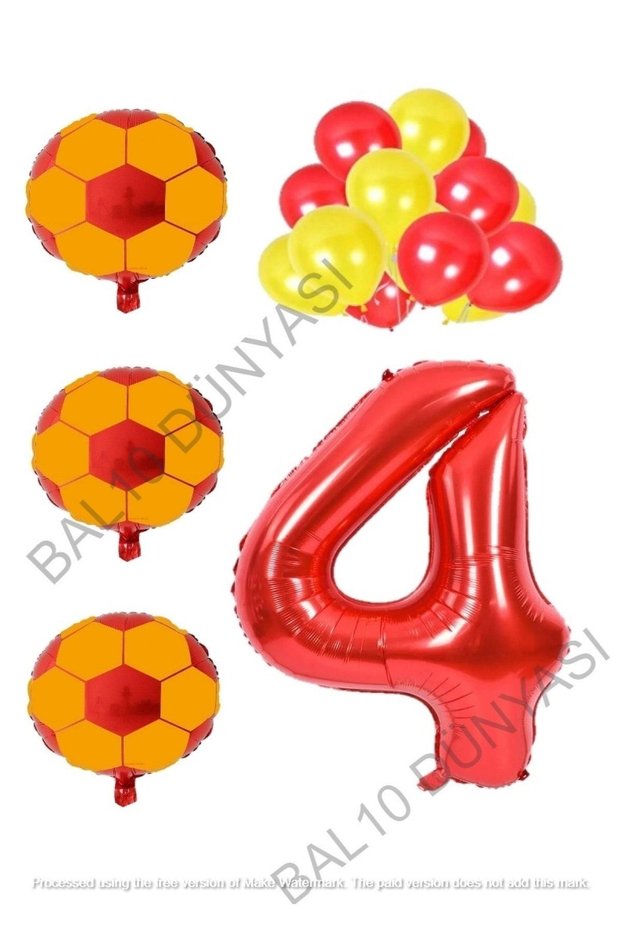 Bal10 Yellow Red Soccer Ball Foil and Latex Balloon Number Set Age 4