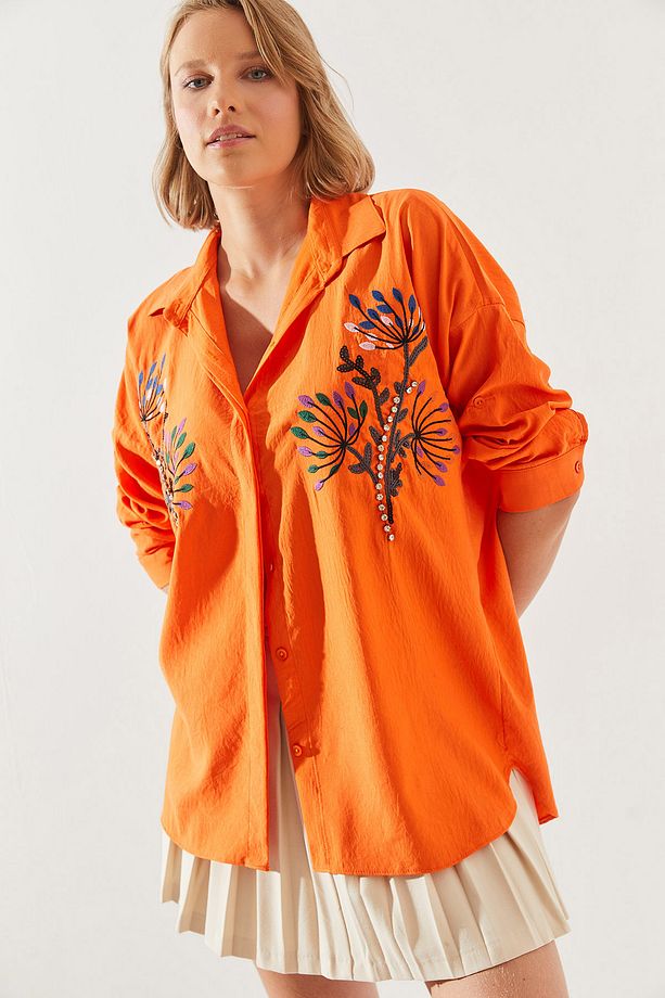 Kadın Taş Yaprak İşlemeli Oversize Gömlek 5929 60251482 - 3