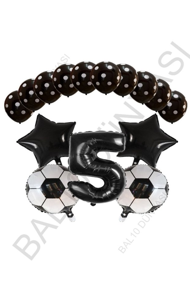 Bal10 Black Number Soccer Ball Star Foil and Dotted Balloon Set Age 5