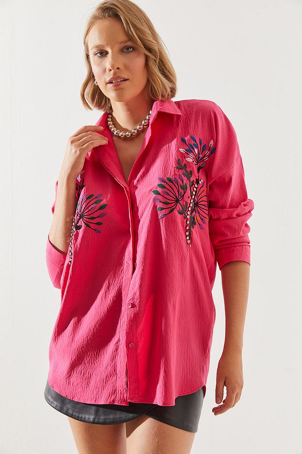 Kadın Taş Yaprak İşlemeli Oversize Gömlek 5929 60251482 - 6