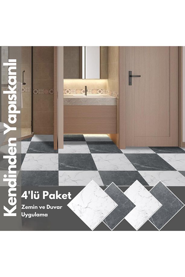 Kendinden Yapışkanlı LVT Zemin ve Duvar Kaplama Mutfak Banyo Karo Sticker  - 4Adet 30cm×30cm - 1