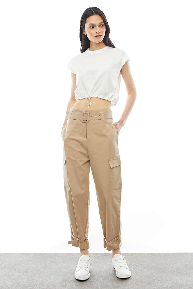 Women's Belted Pants with Buckle and Side Pockets Pt9112