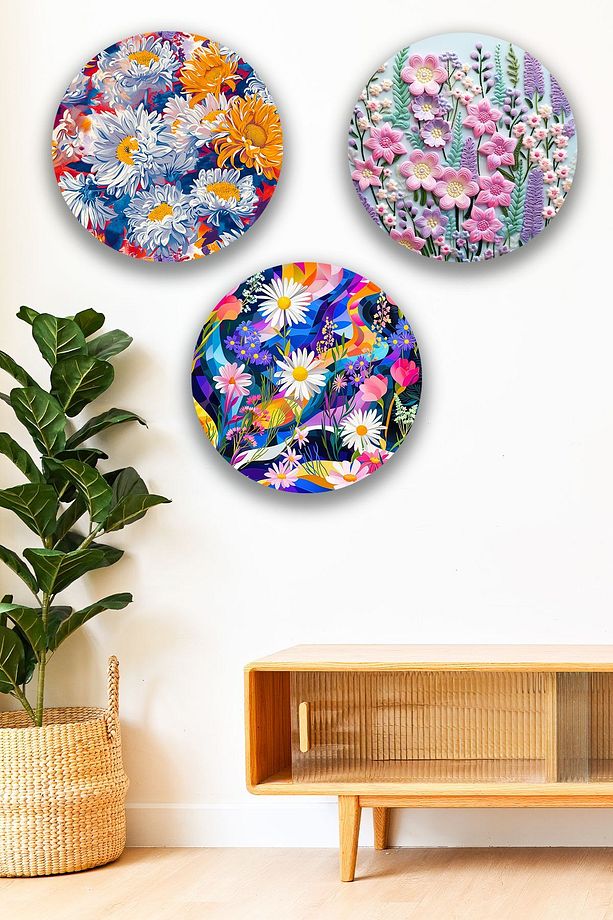 3 Parça Yuvarlak Çiçek Motifli  Mdf Tablo Seti,  Oturma Odası, Salon, Ofis, Ev Duvar Tablosu Dekoru - 1