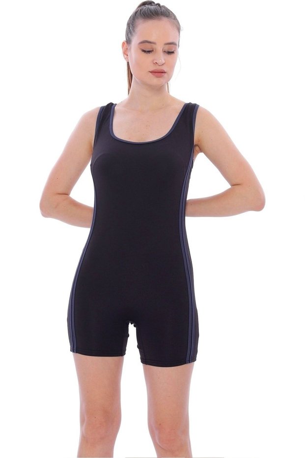 Women's Black Short Swimsuit with Shorts and Stripes