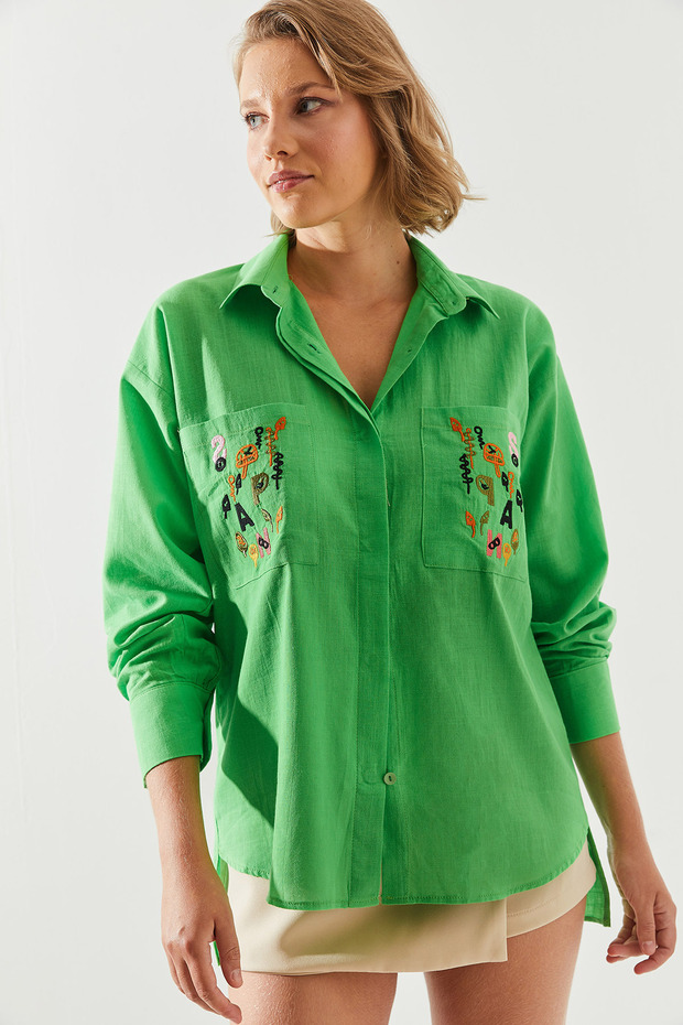 Women's Green Embroidery Detailed Double Pocket Linen Shirt 60251756