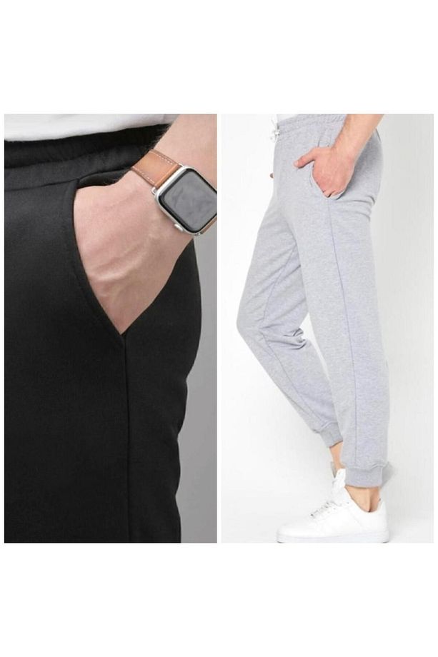 İKİLİ  Jogger  2İP ÖRME Kumaş Eşofman Altı-Siyah Ve Gri Lastik Paça Yüksek Bel KIŞLIK Eşofman - 3