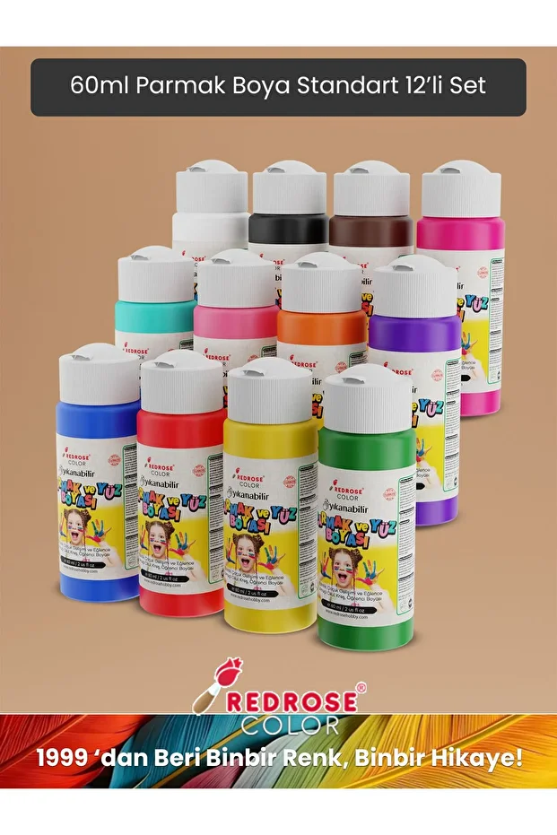 Tüm Renkler Parmak Boyası 12'li Set 12x60ml Yıkanabilir, Toksik İçermez, Çocuk Okul Kreş İçin - 9
