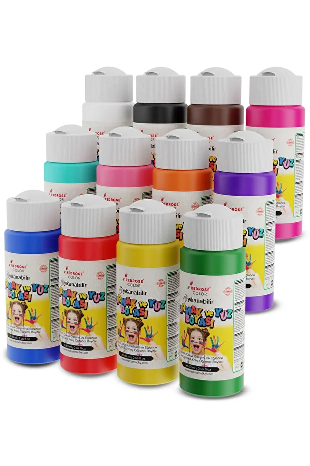 Tüm Renkler Parmak Boyası 12'li Set 12x60ml Yıkanabilir, Toksik İçermez, Çocuk Okul Kreş İçin - 1
