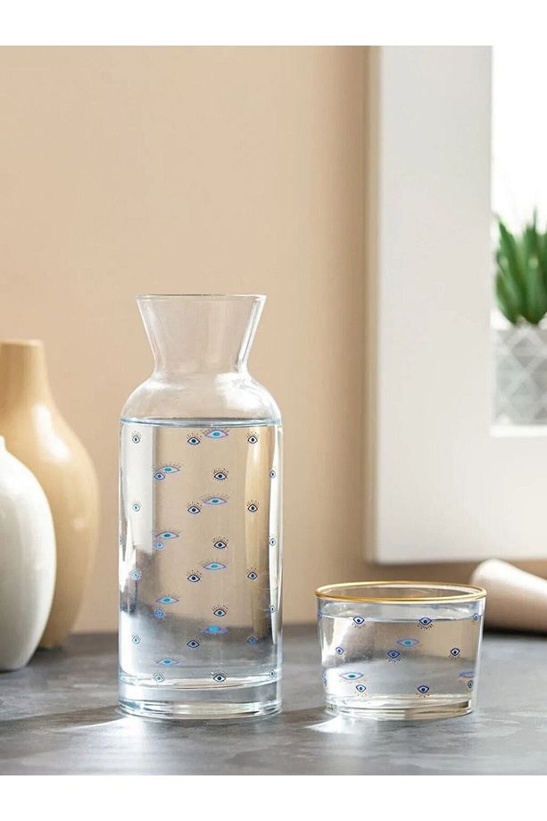 Göz Baskılı Bardak Kapaklı Cam Karaf Sürahi 700 Ml - 1