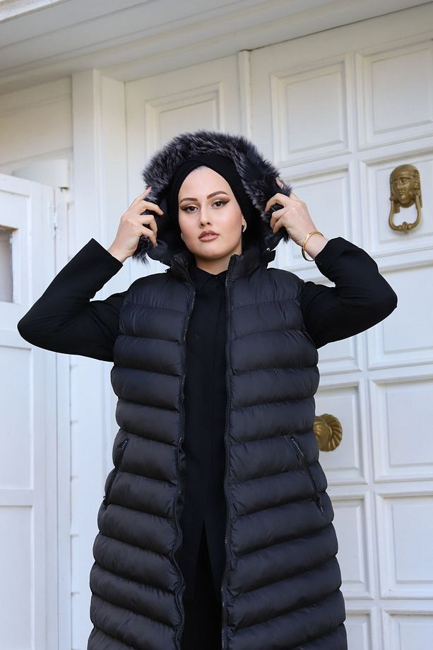 Kadın Uzun Çıkarılabilir Kapüşonlu Su Geçirmez Büyük Beden Dolum Şişme Yelek - 4