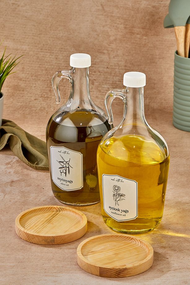 2'li Ahşap Standlı 1500 Ml Zeytinyağı & Ayçiçek Yağı Şişesi Galon Yağlık - Yağdanlık - 2