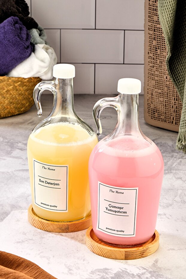 2'li Ahşap Standlı 1500 Ml Çamaşır Yumuşatıcı & Sıvı Deterjan Şişesi  1.5 Litre Galon - 1