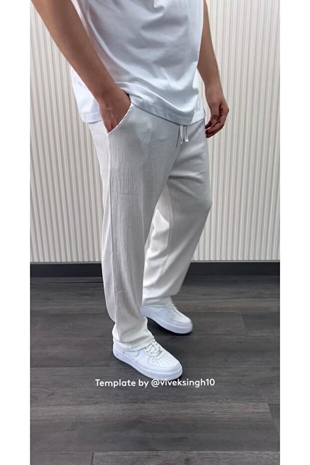 Men's White Summer Wrinkled Fabric Relaxed Fit Trousers