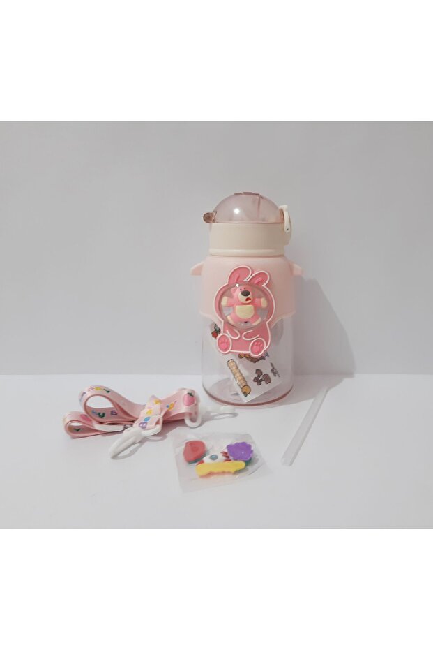 Cartoon Decorated Children's Water Bottle with Hanging Straw Multi-Purpose Water Bottle