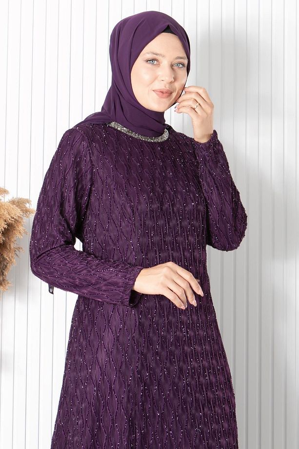 Taş İşleme Detaylı Simli Büyük Beden Tesettür Abiye Mürdüm DNM2232 - 4