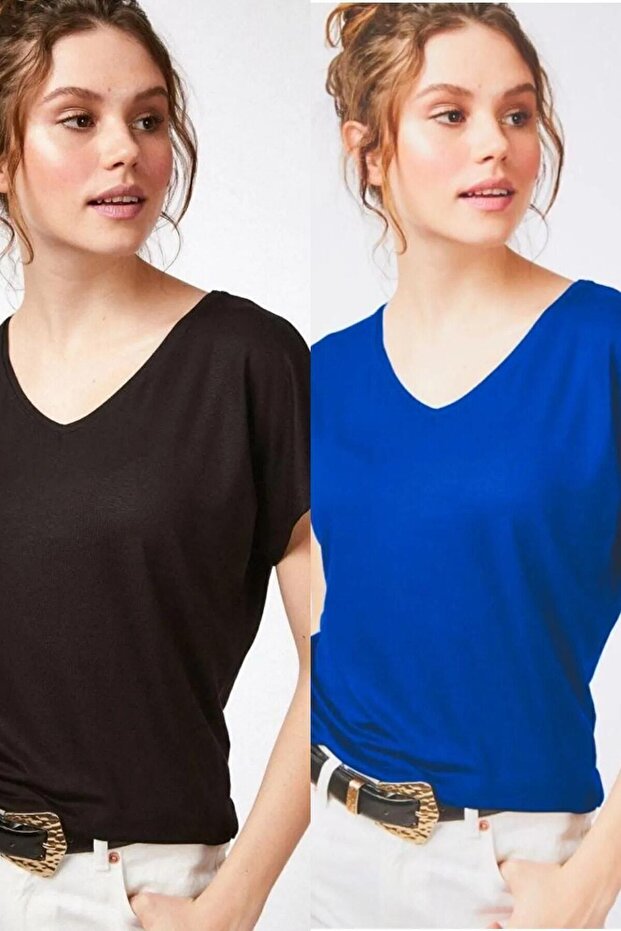 Kadın Siyah-Saks Mavi 2'li Paket Basic Örme T-Shirt - 1