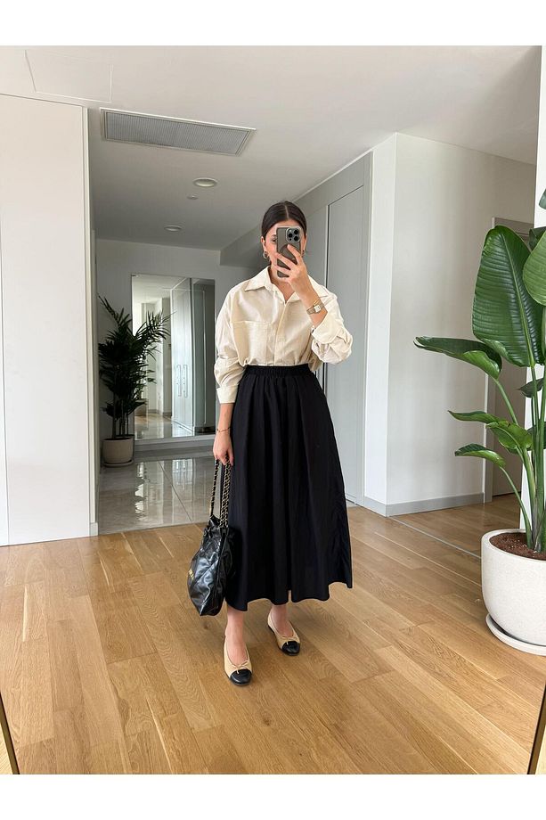 Beli Lastikli Poplin Midi Etek-Siyah - 1