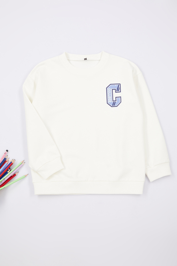 Ecru Boy's Slogan Printed Crew Neck Knitted Sweatshirt Tkdaw25Sw00032