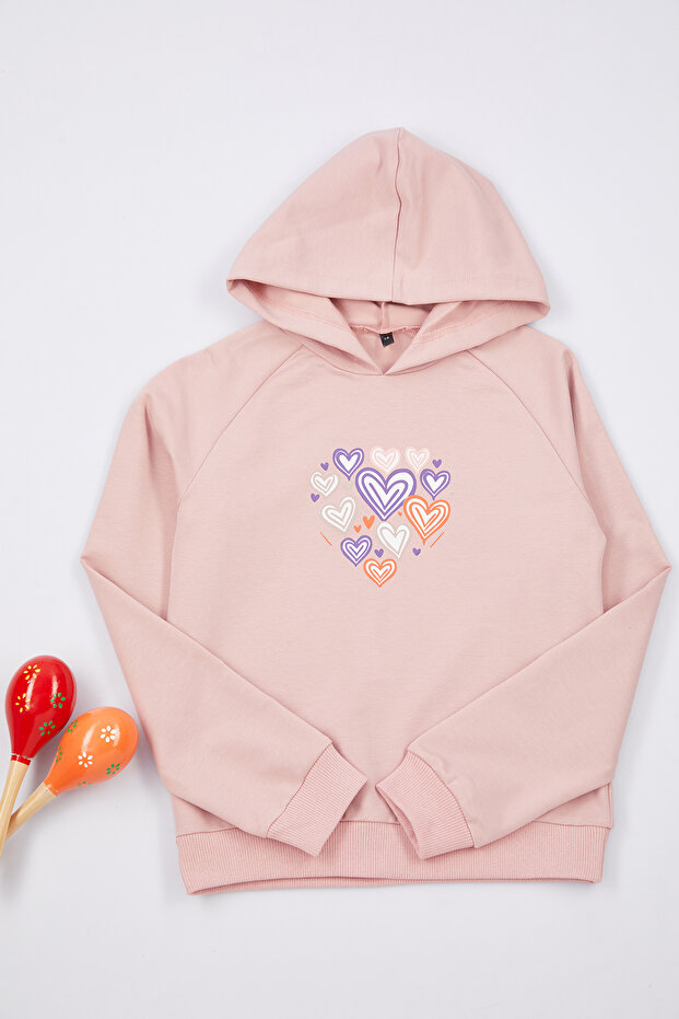Gül Kurusu Kız Çocuk Kalp Desenli Kapüşonlu Örme Sweatshirt TKDAW25SW00040 - 1