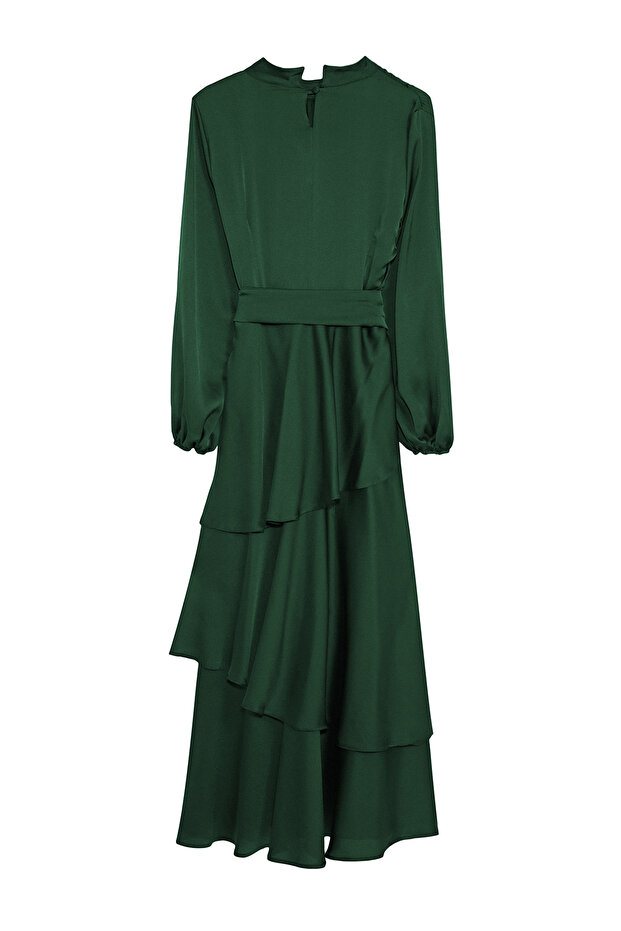 Sötétzöld smaragd réteges szatén szőtt estélyi ruha / estélyi ruha - 7