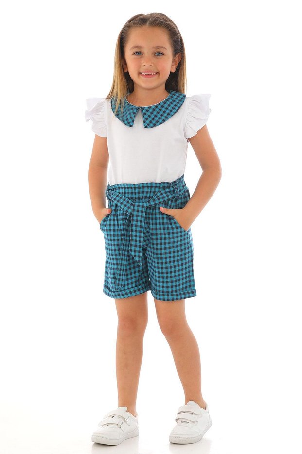 Baby Collar Ruffle Sleeve Checkered Waist Belted Sleeve Frilly Saxe Color Girl's Sorted Set