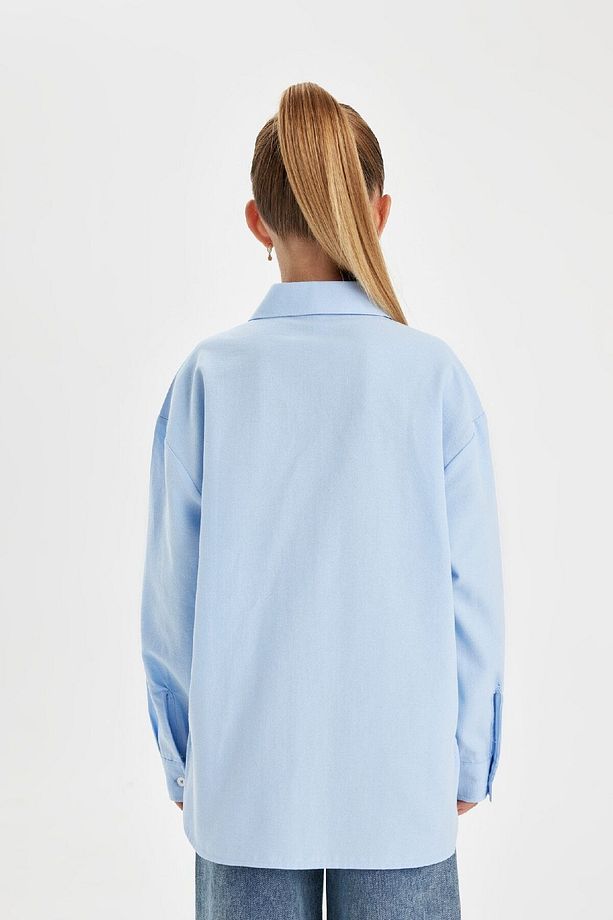 Kız Çocuk Oversize Geniş Kalıp Poplin Uzun Kollu Basic Düz Okul Gömleği C7482a824au - 7