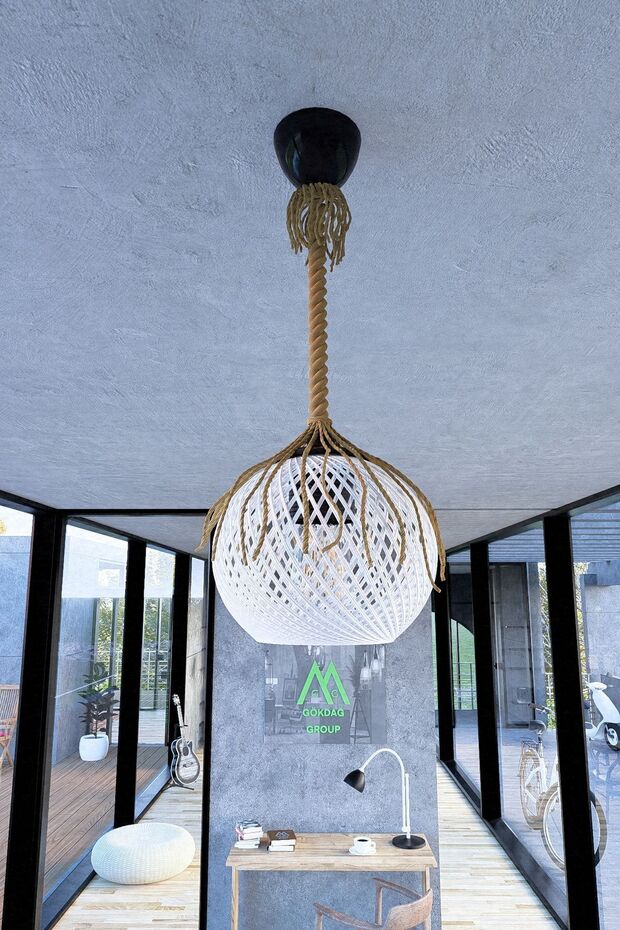 Rustik Halatlı Sarkıt Avize Balle Beyaz Top Aydınlatma - 1