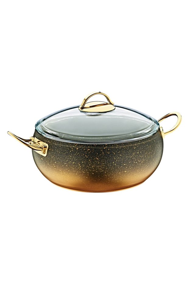 3141 - 2 Pieces, Biogranite, with Heat-Resistant Lid, 20X9 cm - 2.5 Liter - Gold Body, Gold Detail