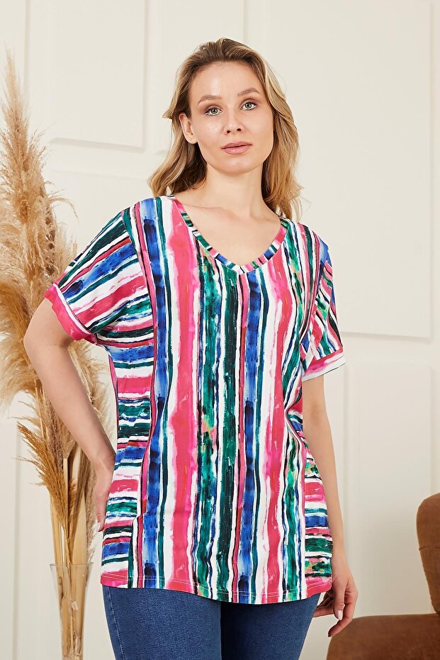 Φούξια ριγέ μπλούζα Plus Size - 1