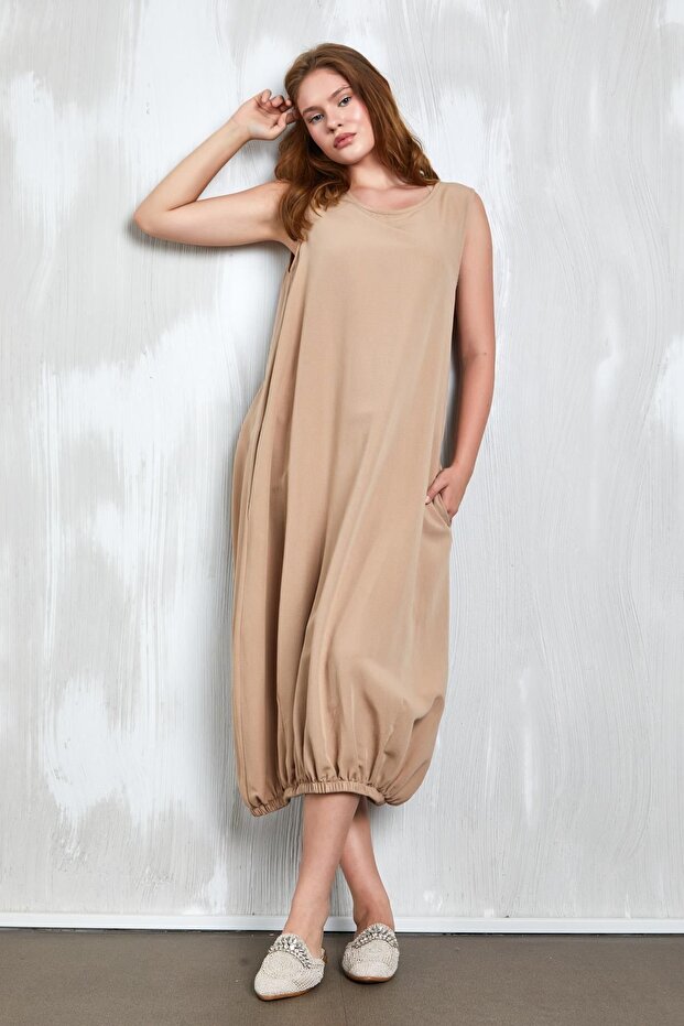 Camel Linen Dress with Rubber Detail at the Bottom 27310