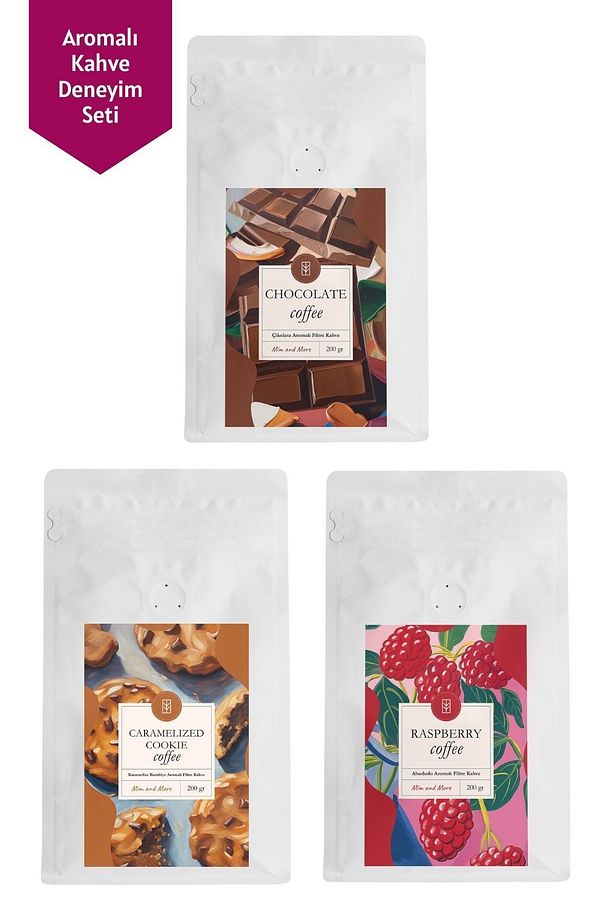 3 X 200 gr Chocolate , Raspberry , Caramelize Cookie Aromalı Filtre Kahve Coffee Set - 1