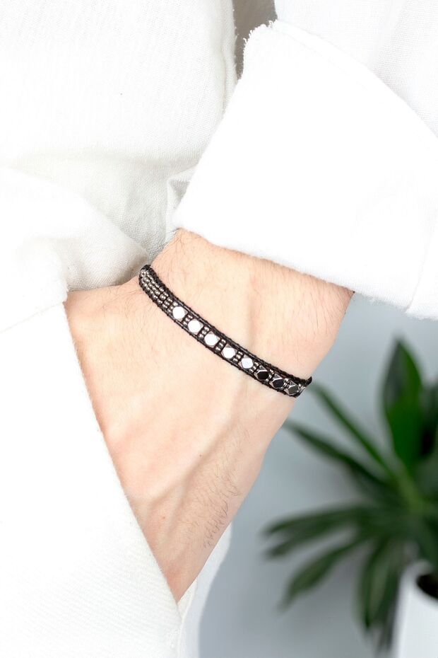 Silver Color Shiny Hematite Natural Stone Bracelet with Elevator Adjustable Men's Rope Knitting Wrist Accessory