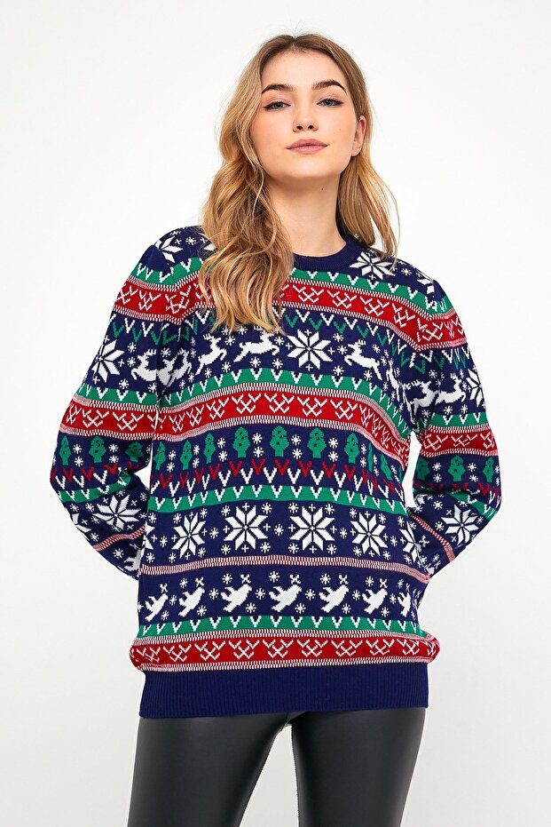 Navy blue-red Women's Christmas New Year Sweater-kdncrs001r03m