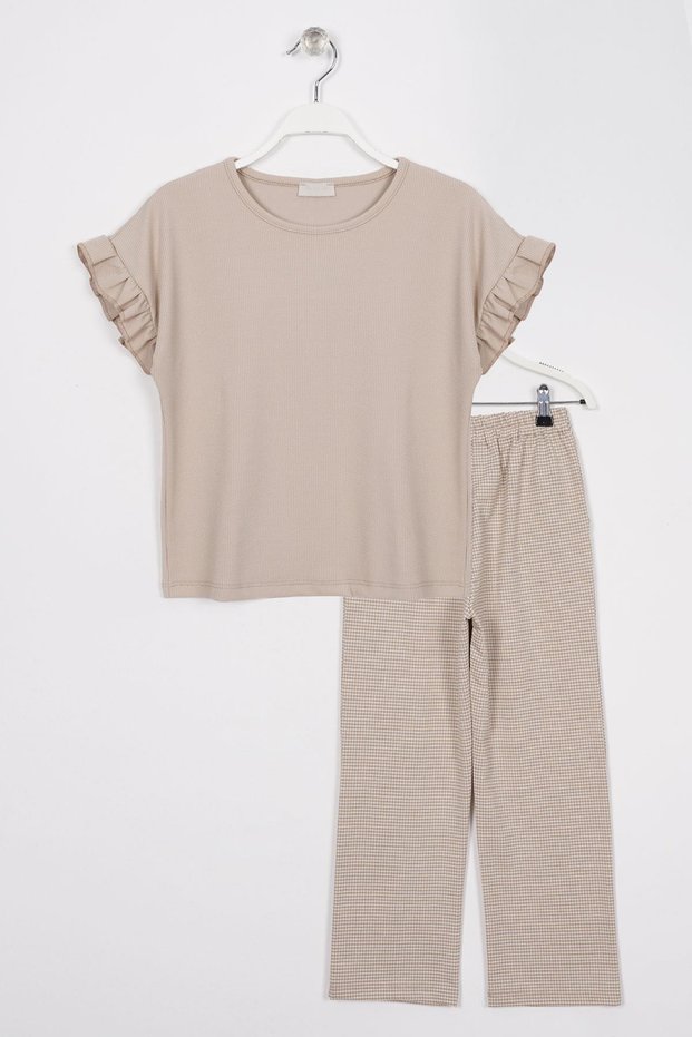 Crew Neck Short Sleeve Pıtıkare Detailed Beige Color Girls' Pants Set